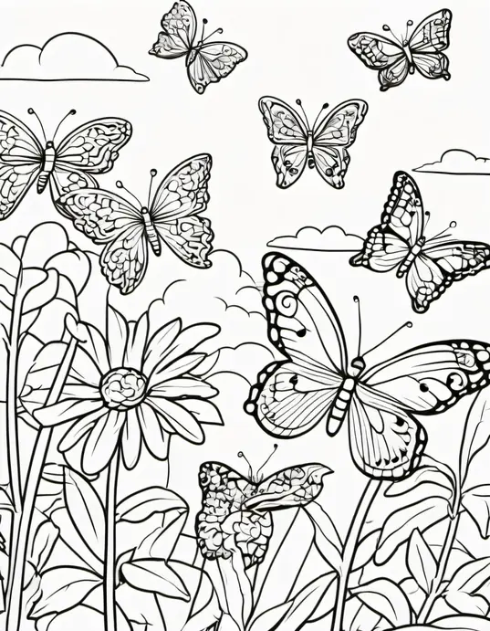 Sunny Day Butterfly Coloring Scene
