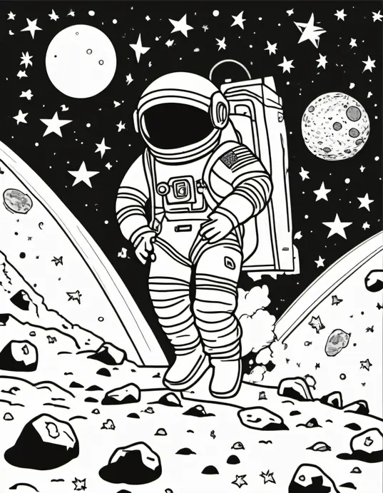 Moon Coloring Adventure: Astronaut Landing on Crater