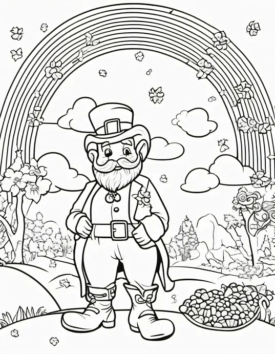 Leprechaun Rainbow Coloring Scene for Kids St. Patrick's Day