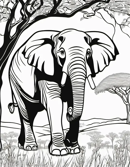 Coloring Safari Elephant Under the Acacia Tree