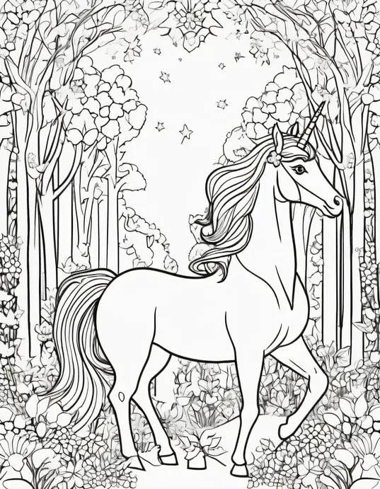 Magical Unicorn Forest Coloring Page for Little Princesses