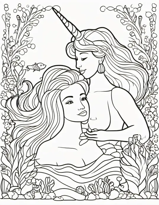 Magical Mermaid and Unicorn Coloring Scene