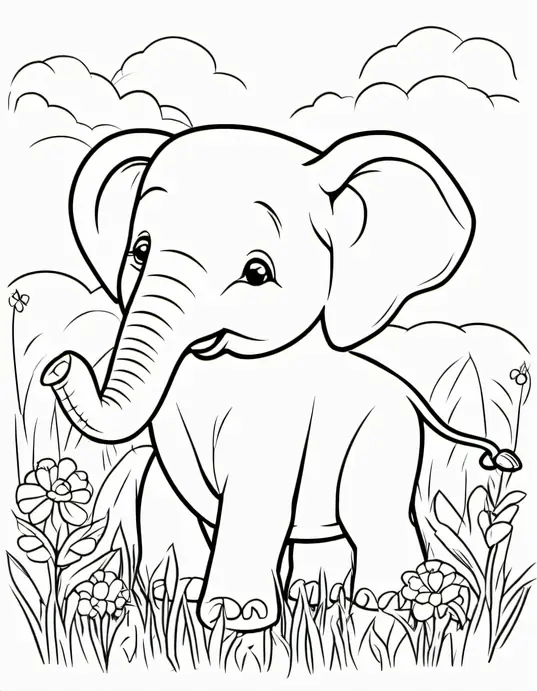 Color and Play: Cuddly Baby Elephant in a Meadow
