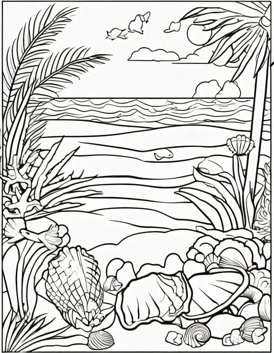 Sunny Beach Seashell Coloring Scene
