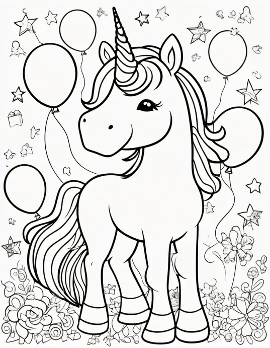 Unicorn Party Coloring Scene for Kids