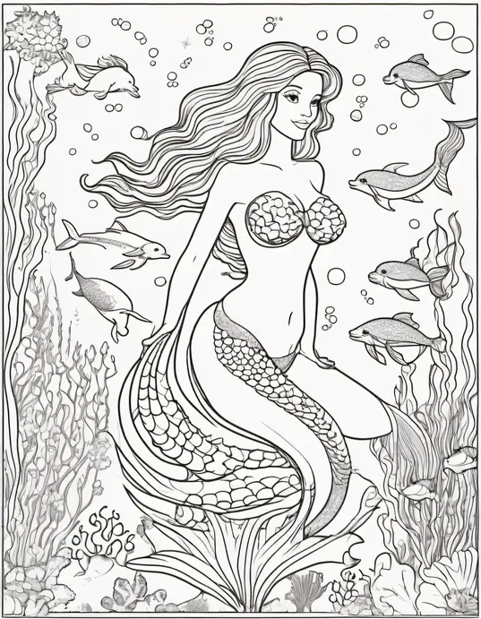Magical Mermaid Underwater Coloring Scene