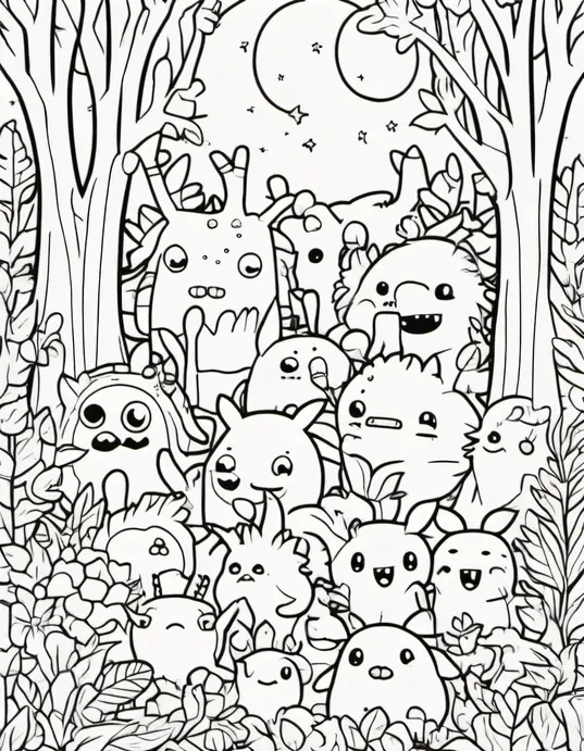 Coloring Cute Monster Forest Under the Moonlight