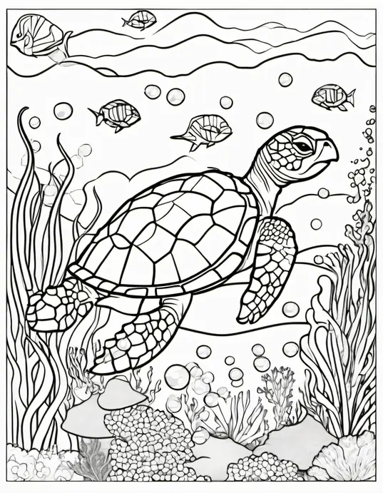 Underwater Turtle Coloring Adventure Scene