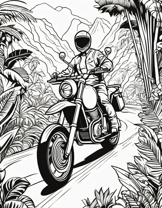 Vibrant Motorcycle Ride Through Jungle Coloring Page