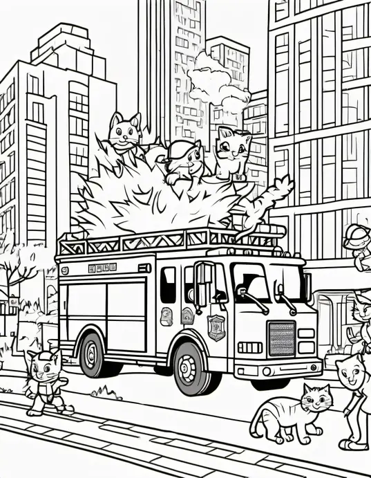 Fire Truck Coloring Page: Bright Red Rescue Scene