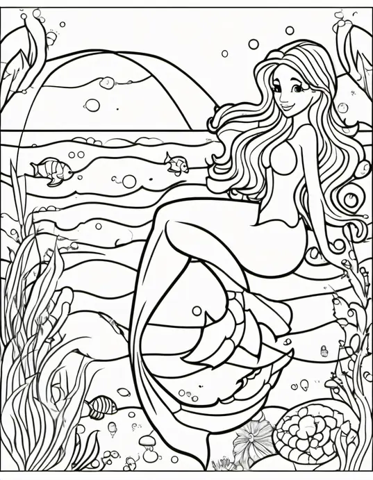 Underwater Rainbow Mermaid Coloring Scene