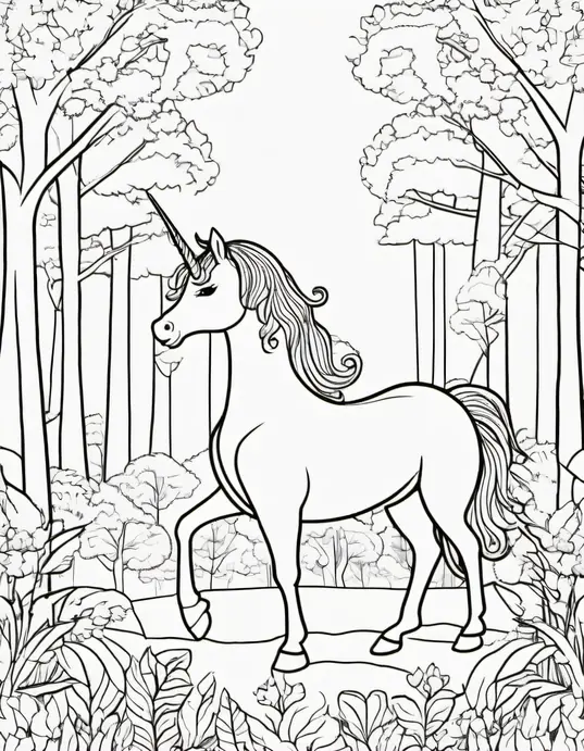 Magical Unicorn Forest Coloring Page