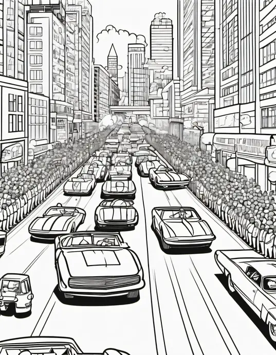 Colorful City Race Car Parade Scene for Kids
