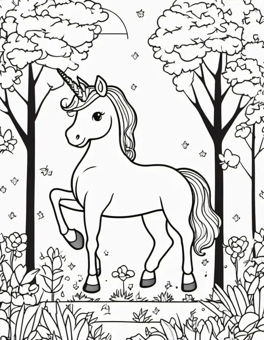 Kawaii Unicorn Forest Coloring Scene