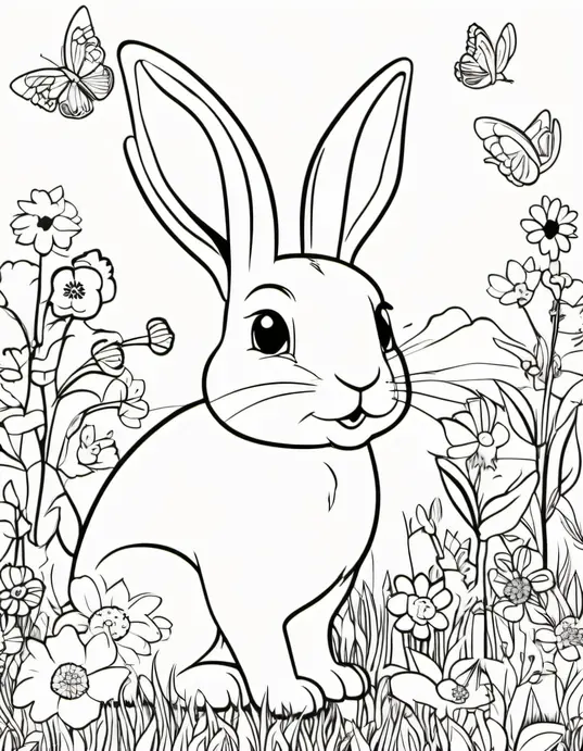 Springtime Bunny Meadow Coloring Page