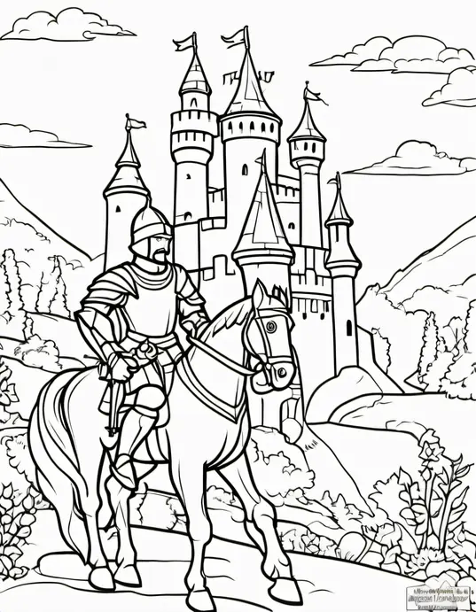 Medieval Castle Coloring Page: Chivalrous Knight Scene