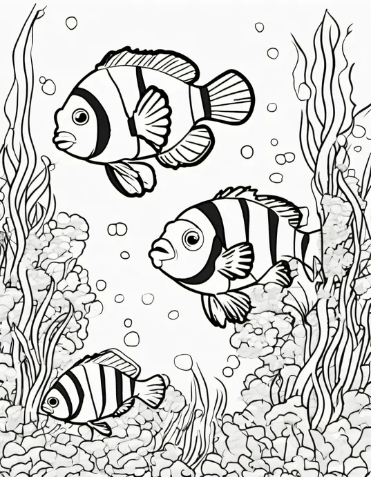 Color Underwater Friends: Playful Clownfish Coloring Scene