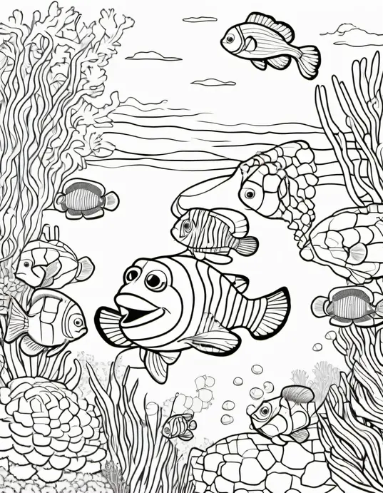 Color Underwater Friends: Playful Clownfish and Sea Turtles Scene