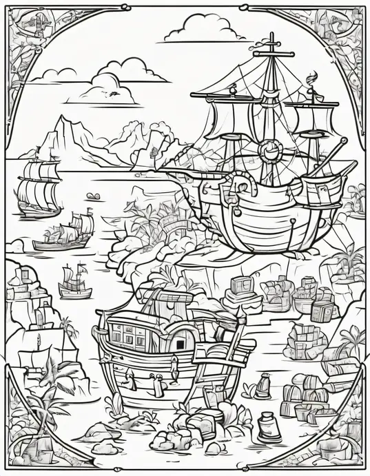 Pirate Treasure Island Coloring Scene for Kids