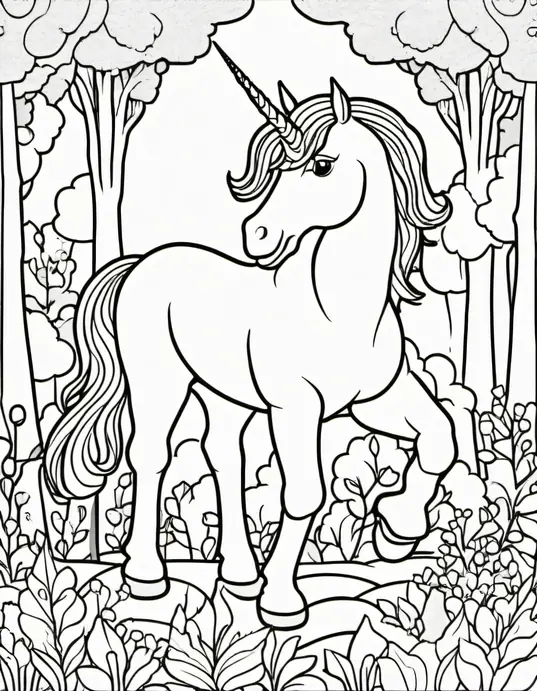 Enchanted Unicorn Forest Coloring Scene