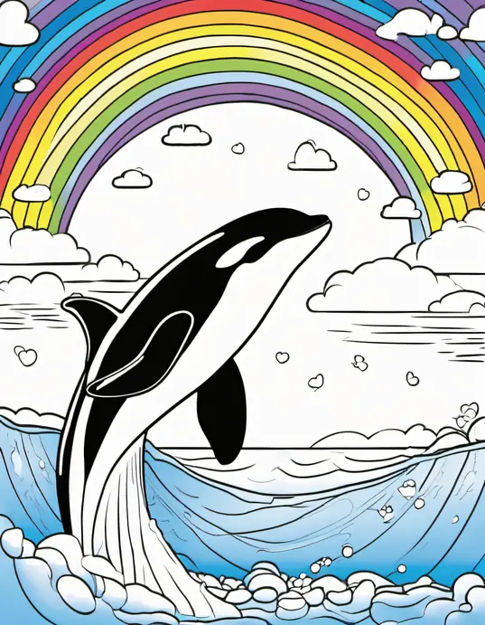 Colorful Orca Whale under the Rainbow Coloring Page