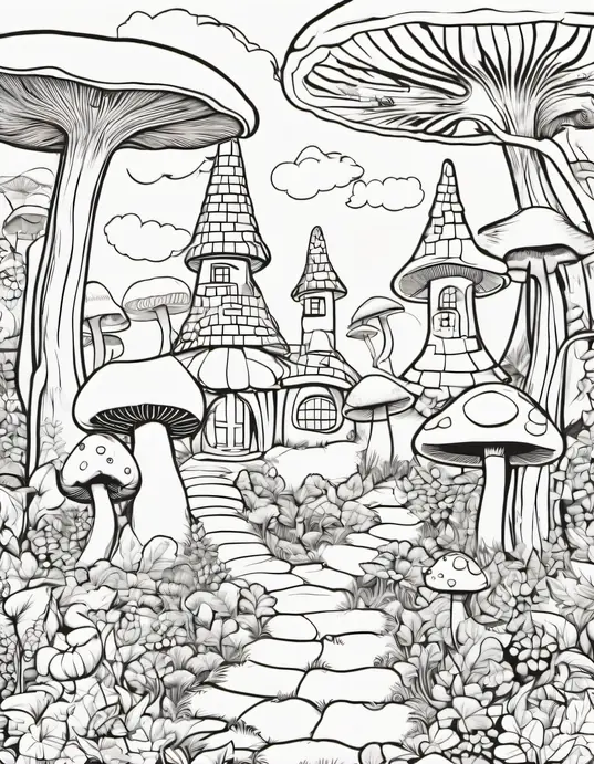 Enchanted Forest Coloring Page: Magic Mushroom Hunt