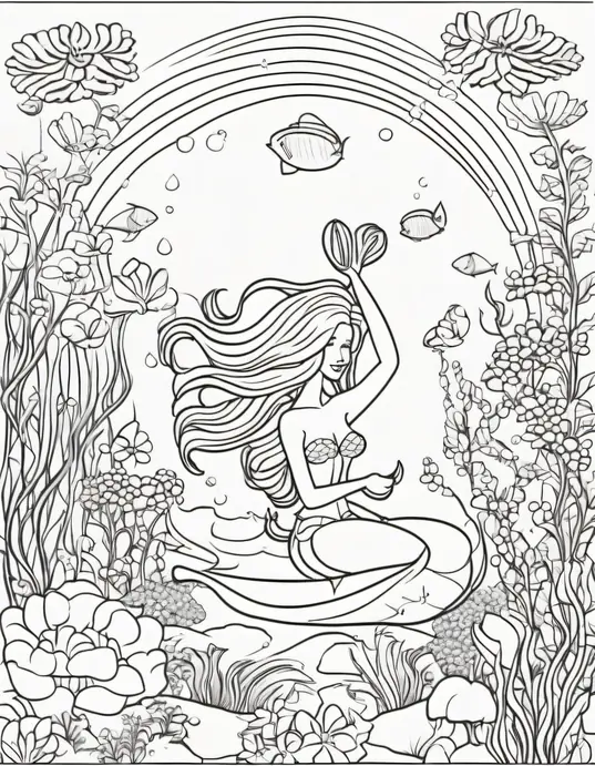 Colorful Underwater Mermaid Garden Scene