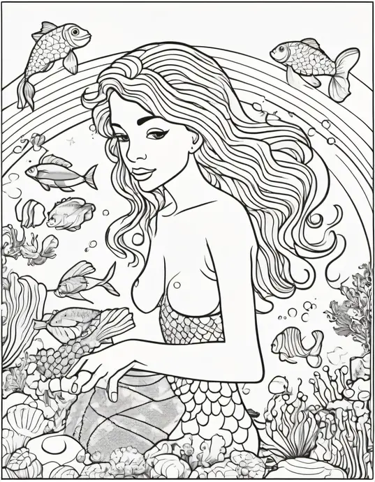 Underwater Rainbow Mermaid Coloring Scene