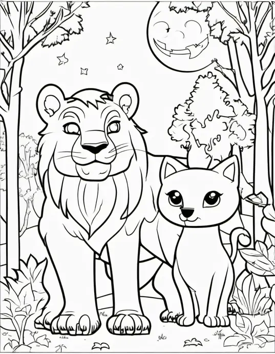 Spooky Forest Coloring Scene for Kids: Monster Friends