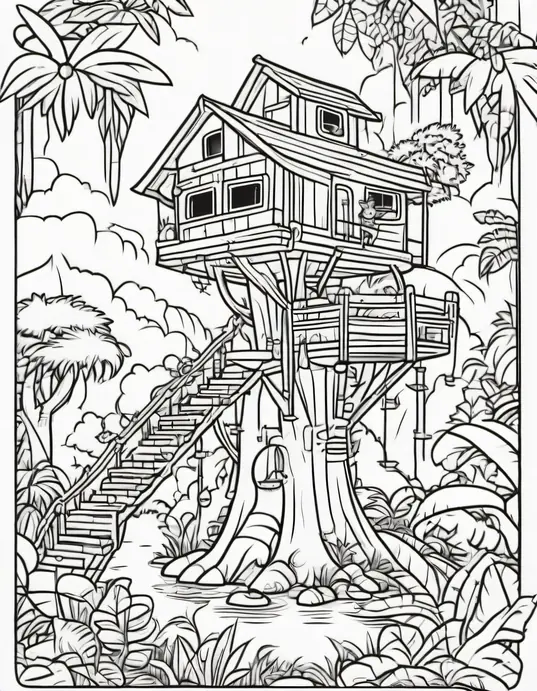 Explore Jungle Treehouse Coloring Page