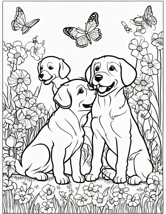 Puppies and Butterflies Coloring Scene for Kids
