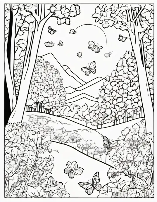 Sunset Butterfly Forest Coloring Page