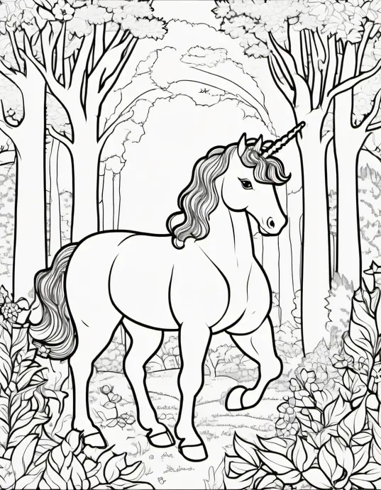 Enchanted Unicorn Forest Coloring Scene