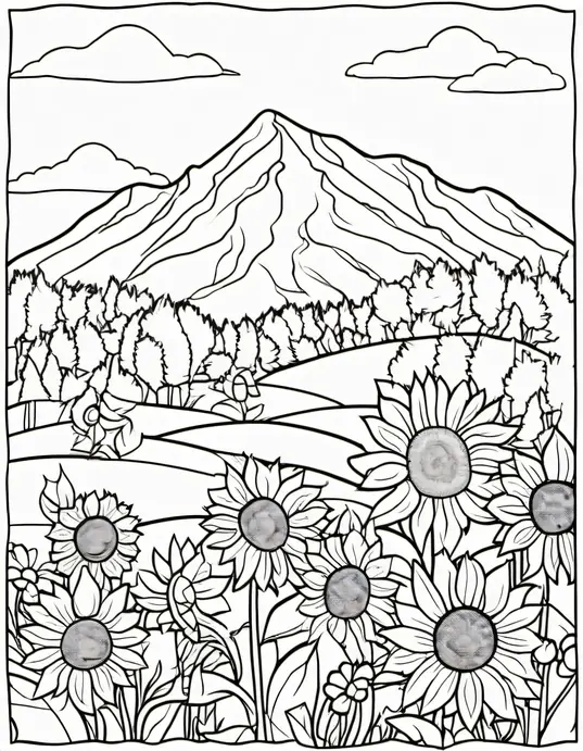Coloring Mountain Meadow with Sunflowers and Butterflies