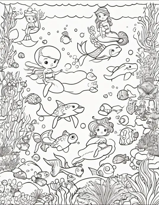 Kawaii Mermaid Underwater Coloring Scene