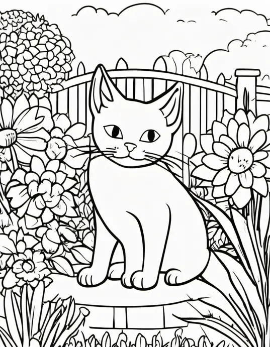Whimsical Cats' Garden Coloring Page
