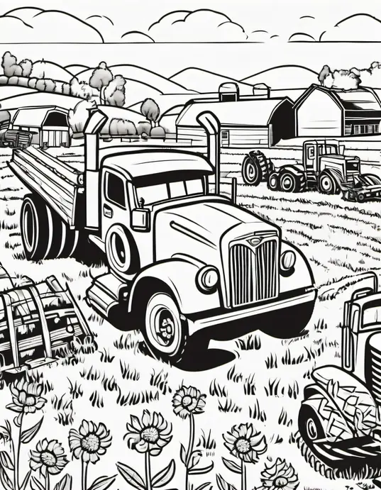 Truck and Tractor Farm Coloring Scene