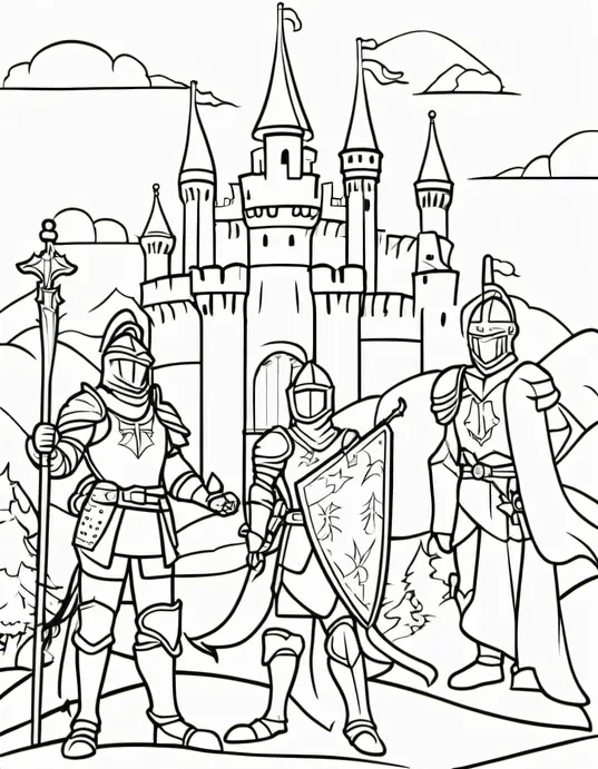 Knightly Castle Coloring Scene: Dragon Rescue Adventure