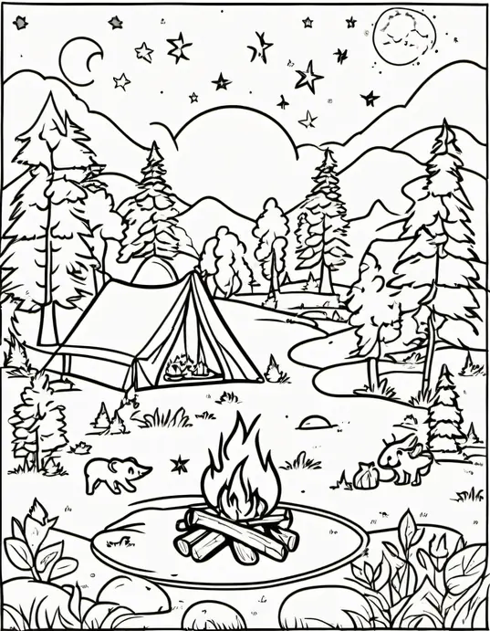 Sunset Campfire Coloring Scene for Kids