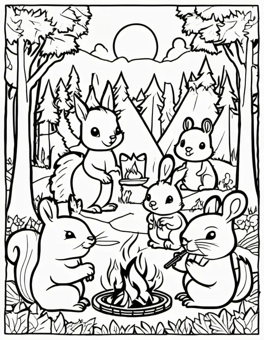 Exploring Forest Friends Campfire Coloring Scene