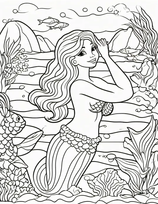Underwater Mermaid Coloring Scene for Kids