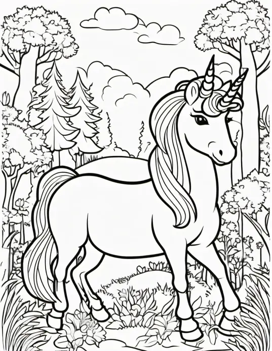 Magical Unicorn Forest Coloring Scene