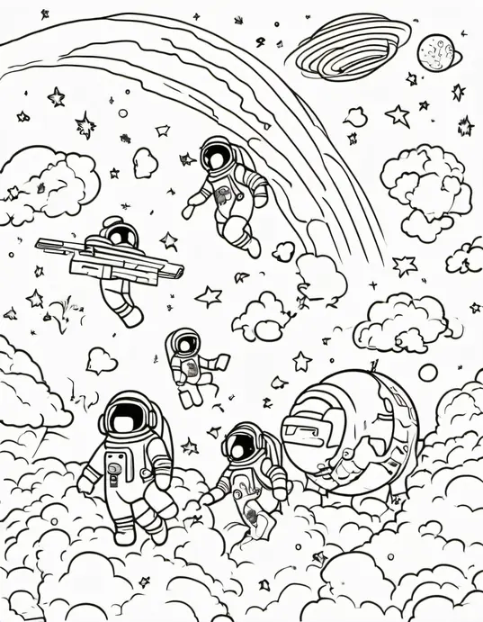 Colorful Space Adventure: Astronauts Playing in a Rainbow Nebula