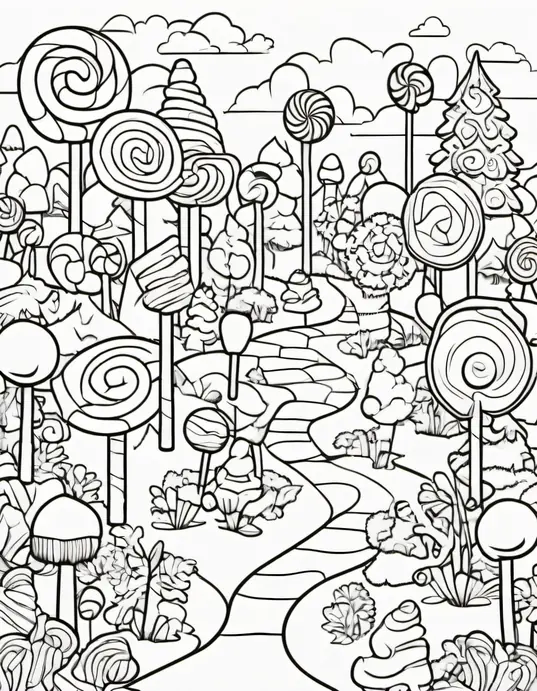 Sweet Candyland Coloring Scene: Lollipop Forest