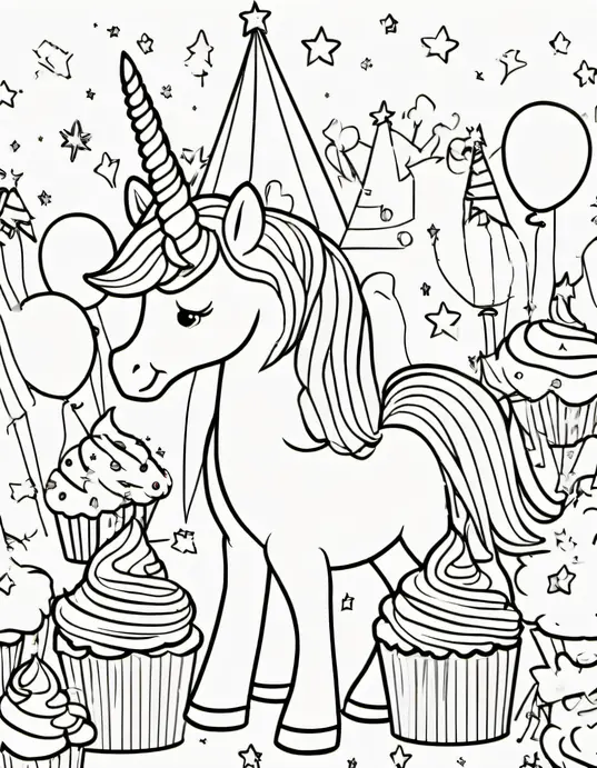 Unicorn Birthday Party Coloring Scene