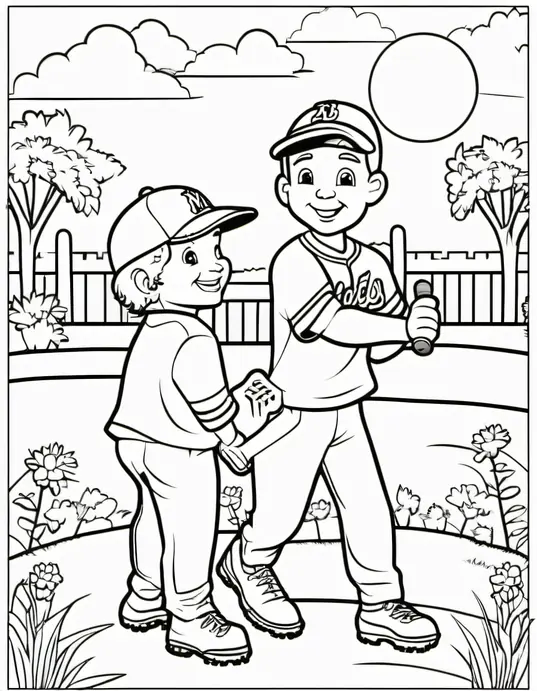 Color and Play: Cheerful Baseball Players on a Sunny Field