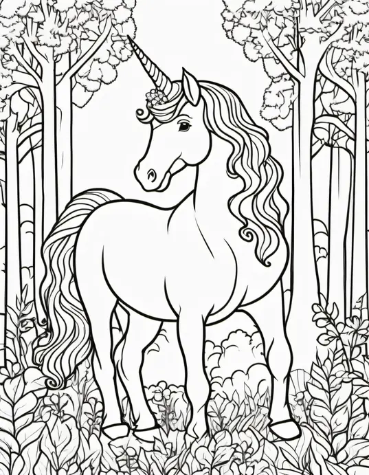 Magical Unicorn Forest Coloring Page for Kids