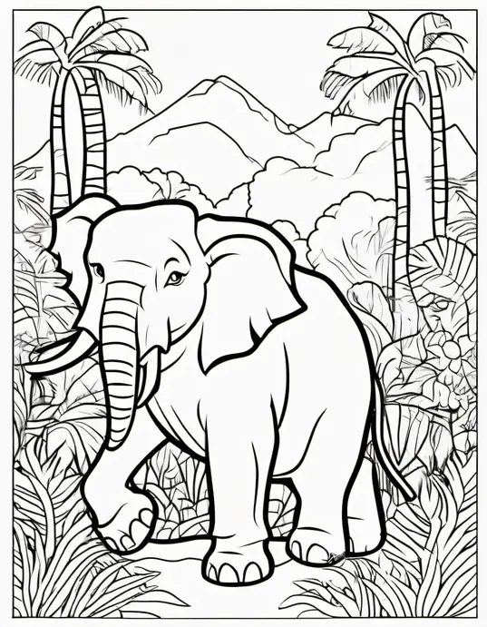 Lion and Elephant Jungle Coloring Scene