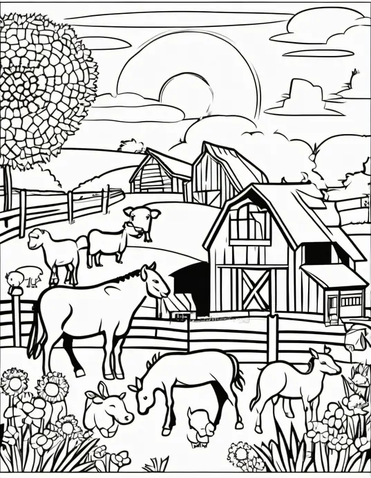 Color Farm Animals: Sunset Barn Silhouettes