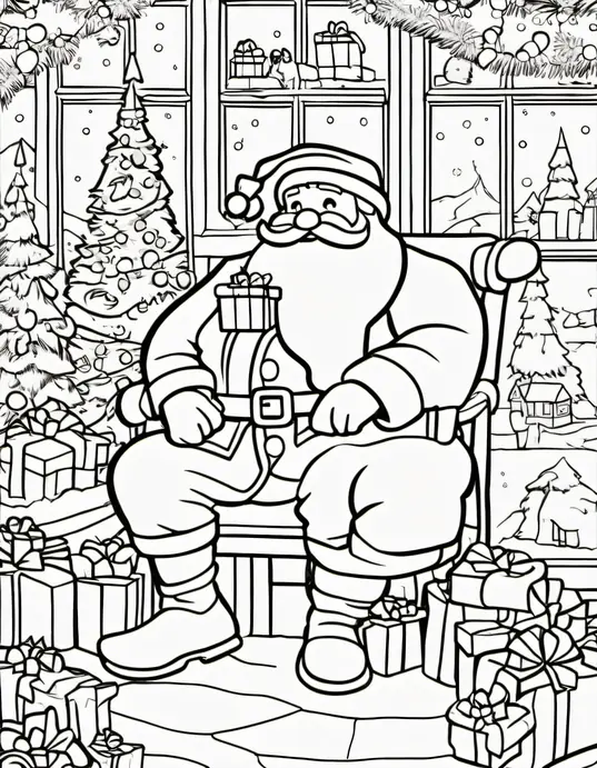 Santa's Snowy Workshop Christmas Coloring Page